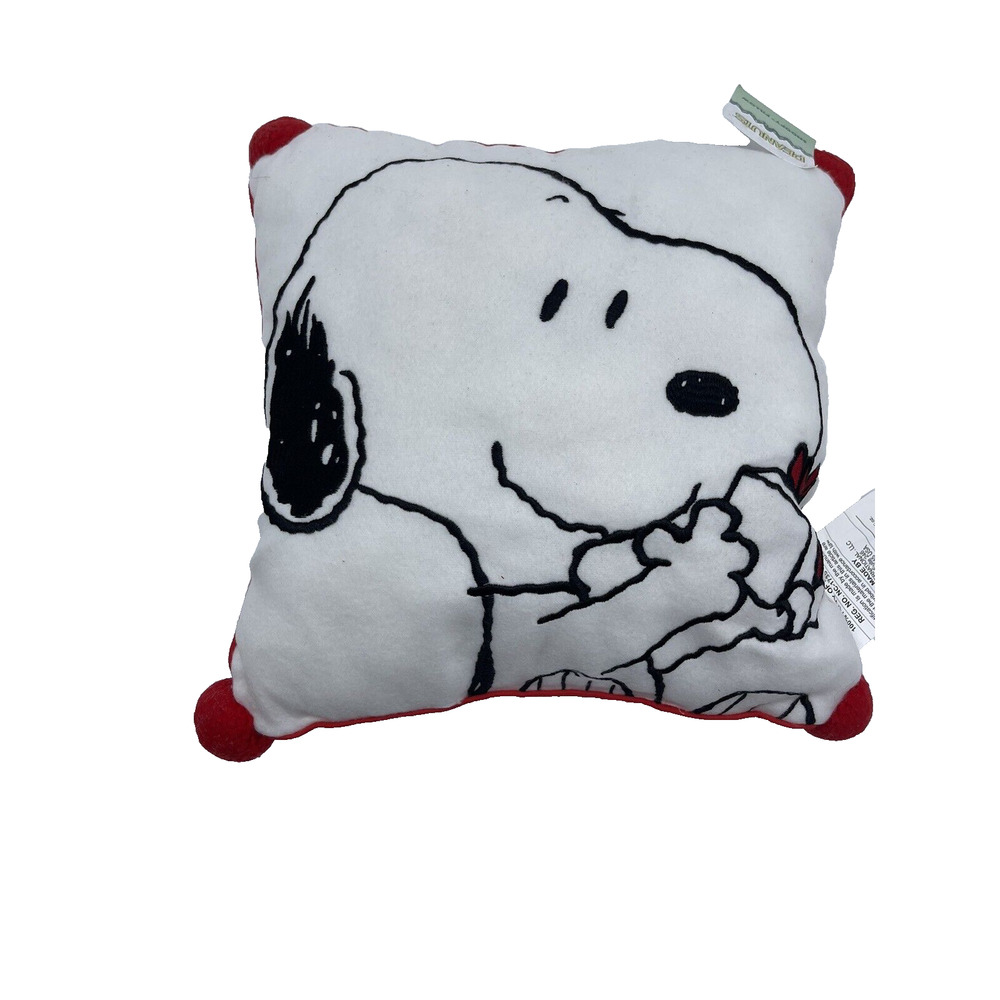Snoopy Throw Pillow Christmas Present 12x12 Corner Poms Peanuts NWT